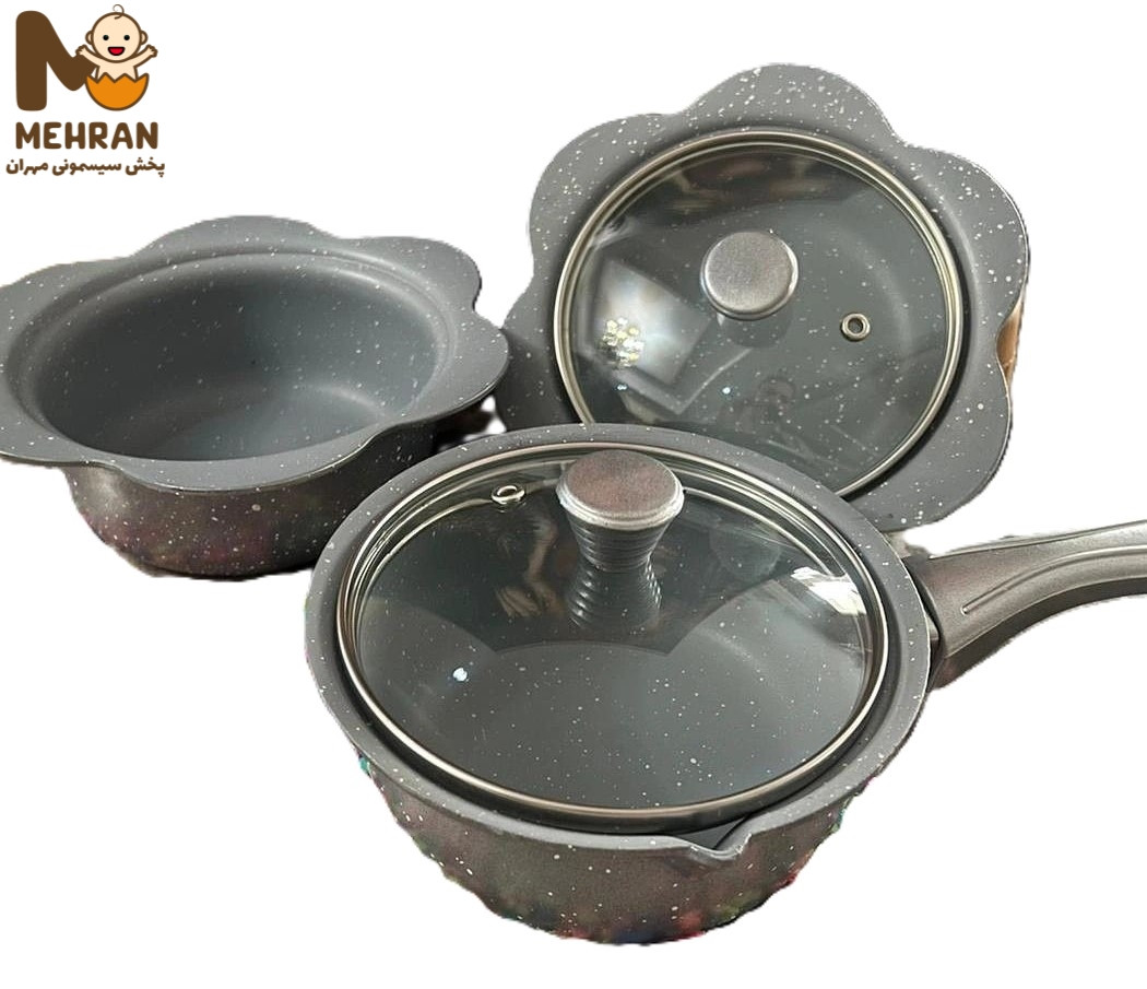 سرویس قابلمه 5 پارچه کودک چدنی تمام گرانیت طرح گل هیسل